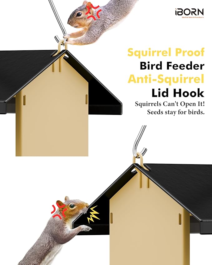 iBorn Bird Feeders for Outdoors,Bird Feeder with Weatherproof Metal Roof & 8 Drain Holes,Fully Detachable Birdfeeder Design,Easy Clean & Refill,Chew-Proof PC Windows,3.2 Lbs Capacity,Black Roof