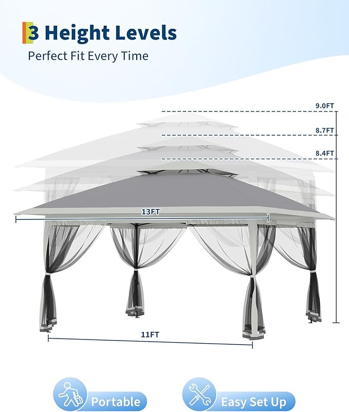 GarveeLife Canopy Tent 13x13 ft, Pop Up Gazebo One-Push Setup with 4 SandBags for Backyard Parties and BBQs, Mosquito Netting & Height Adjustable - Grey