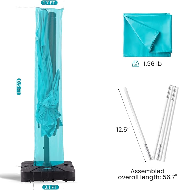 Patio Umbrella Cover Waterproof UV Resistant Outdoor Cantilever Umbrella Covers with Zipper and Rod, Turquoise