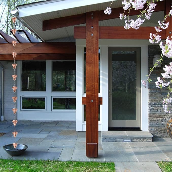 8.5FT Bell Iron Rain Chains for Gutter and Rain Barrel, Rust-Resistant Plated Garden Décor for Downspout, Bonus Rain Chain Gutter Adapter (Antique-Copper)