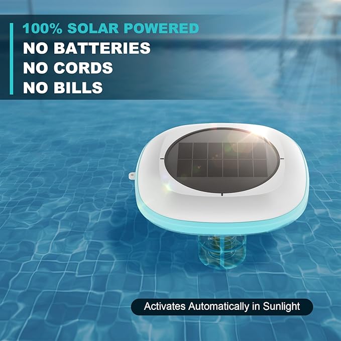 Solar Pool Ionizer for Inground and Above Ground Pools, Up to 45,000 Gal - Heavy Duty 1lb Copper Anode, Reduces Chlorine & Maintenance, Saltwater Compatible Water Clarifier, Lake Blue