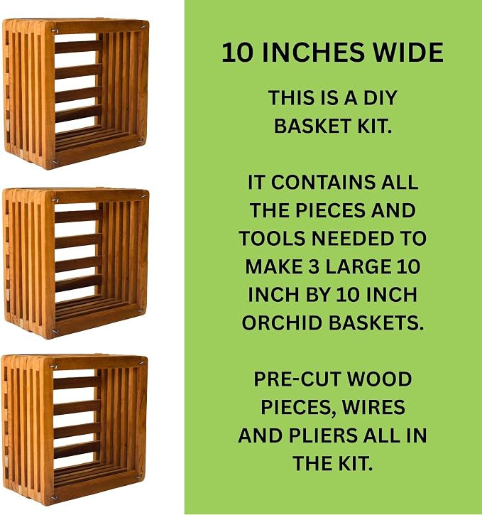 Orchid Basket Making Kit for 3 Strong 10 Inches Wide Wooden Hanging Orchid Baskets for Outdoors with Hangers, for Orchids, Staghorn Ferns, Handmade Rustic Wood Vanda Baskets, Staghorn Fern Mount