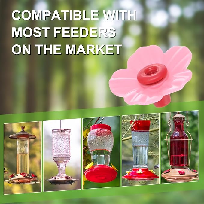 M METERXITY 16-Pack Hummingbird Feeder Replacement Flowers, Plastic Pet Hummingbird Feeding Parts Feeding Ports for Outdoor Hanging Feeders, Bees Guards [Pink]