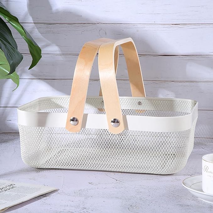 AJIODA Metal Mesh Steel Basket, Storage Organizer Basket Garden Harvest Basket Multi-functional Kitchen Fruit Baskets Bin with Wooden Handle for Bathroom Picnic Shopping Decor Cabinet Home, White