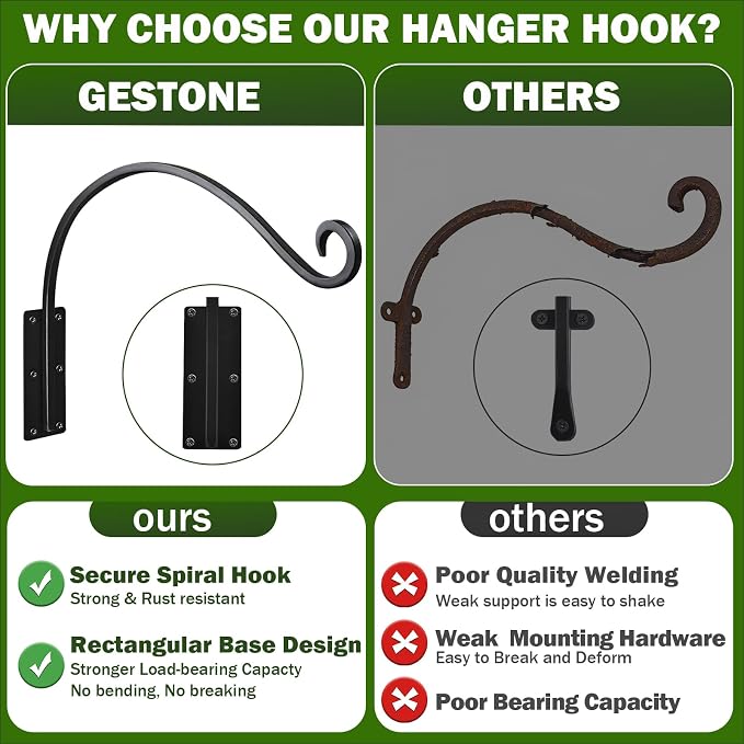 Heavy Duty 16 Inch Plant Hangers Bracket Outdoor, 60lbs Weight Capacity, Metal Wall Hooks for Hanging Plants, Bird Feeder, Wind Chime, Wall Decor, Plant Hanger Hooks for Hanging Flower Baskets
