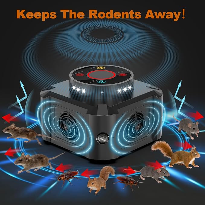 Mice Repellent Indoor Squirrel Repellent for Attic Ultrasonic Pest Repeller Plug in Electronic Rodent Repellent Devices Rat Deterrent Mouse Blocker Home Indoor Use 4 Ultrasonic Modes+12 LED Lights (1)
