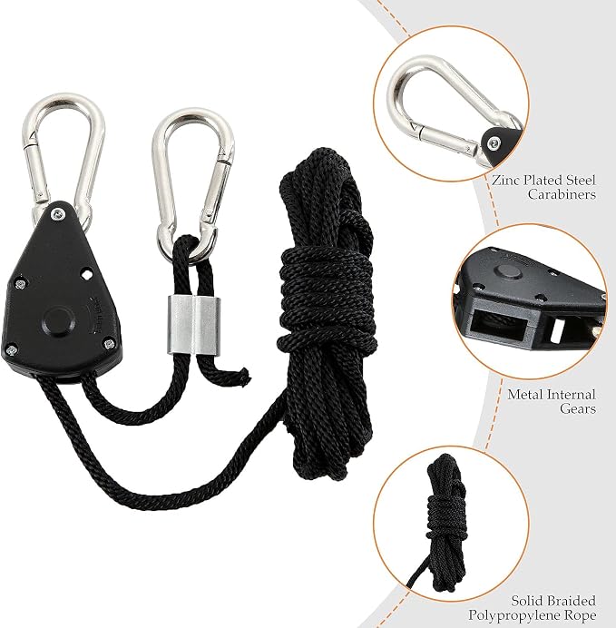 12 Pack Rope Clip Hanger 1/8 Inch 8 FT Adjustable Lifting Pulley Lanyard Hanger with M5 Iron Galvanized Carabiner, Reinforced Metal Internal Gears Ratchets 150lbs Capacity, Black