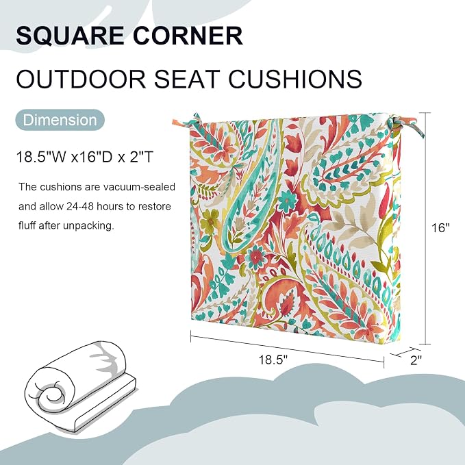 DYTXIII Set of 2 Outdoor Chair Cushions, Water Resistant 18.5"x16"x2" Square Seat Cushion for Patio Dining Chairs, High-Density Replacement Pads for Indoor Outdoor Furniture - Pretty Paisley