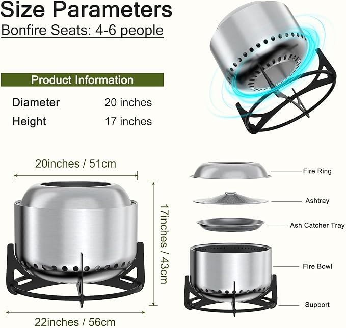 M METERXITY 20 Inch Smokeless Fire Pit with Stand/Removable Ash Pan/Campfire Ring - 304 Stainless Steel Smokeless FirePits for Outside Wood Burning, Outdoor Fire Pit Portable for Patio, Camp