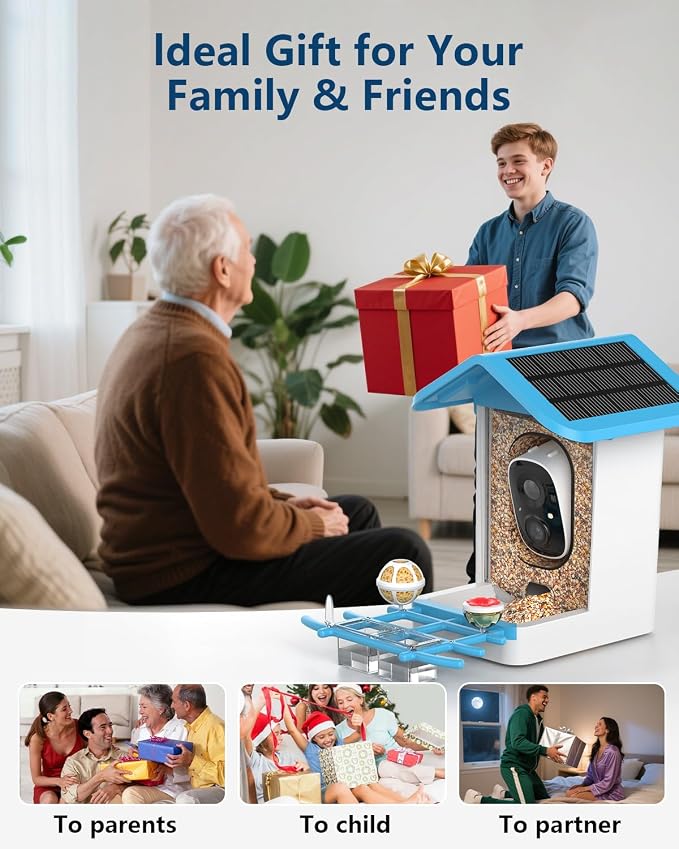 Smart Bird Feeder with Camera,2K HD Video, AI Identify Birds Species Solar Powered,Auto Capture Videos & Notify of Birds Arrival,Bird House for Birdwatching,Gift for Parents,BirdLovers