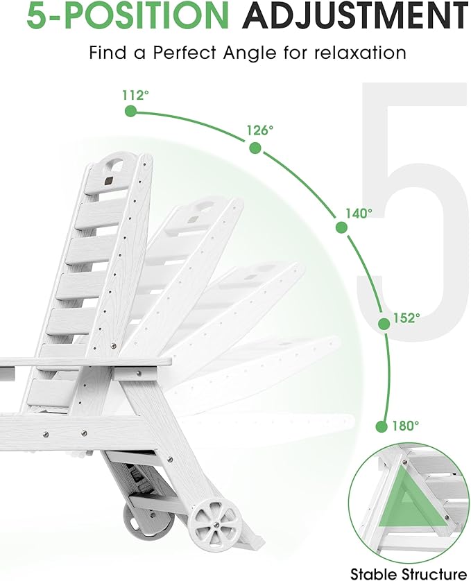 Chaise Lounge Outdoor, Lounge Chair Outdoor with Wood Texture, Adjustable 5-Position Backrest, HDPE Lounge Chair with Wheels & Cup Holder for Pool Deck Backyard, White