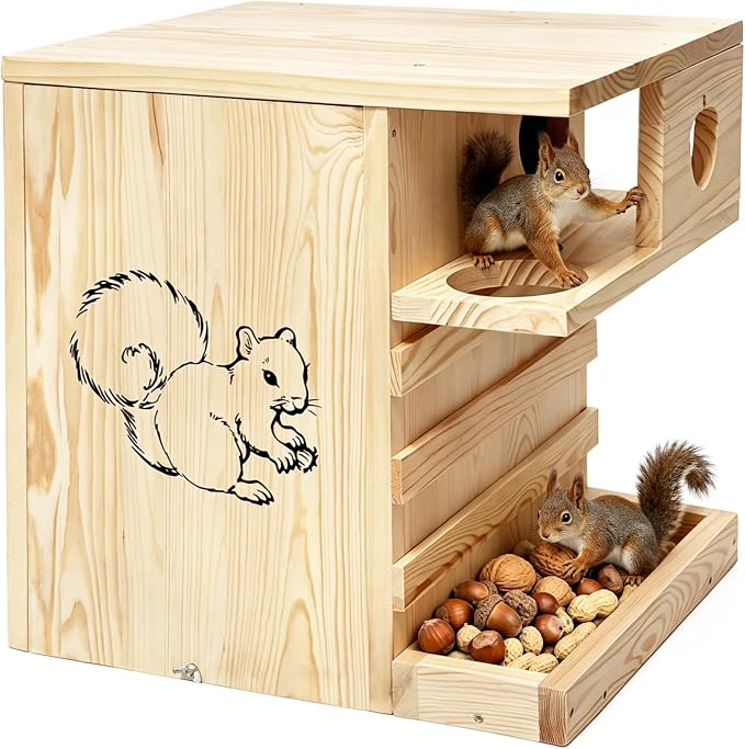 Extra Large Wooden Squirrel House Feeder Outdoor Heavy Duty Nesting Box | Solid pine 16lbs wildlife shelter with internal feeding platform. Flips open; features a predator guard & ladders.
