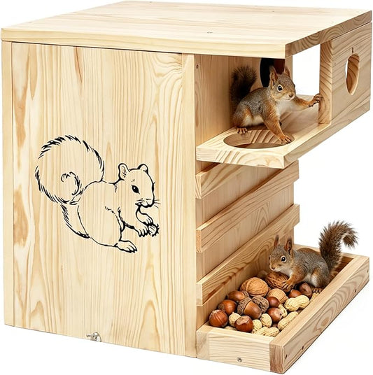 Extra Large Wooden Squirrel House Feeder Outdoor Heavy Duty Nesting Box | Solid pine 16lbs wildlife shelter with internal feeding platform. Flips open; features a predator guard & ladders.