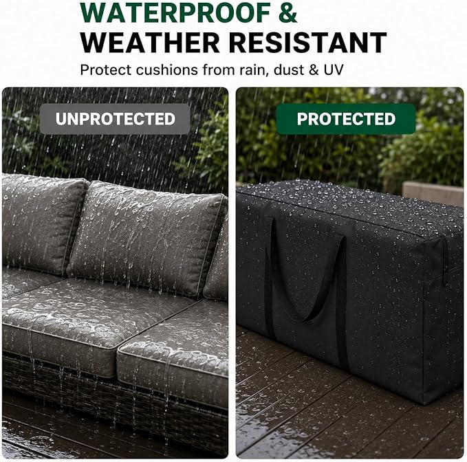 Cushion Storage Bag 420D Waterproof 68" Rectangular Outdoor Patio Cushion Storage Bags — Outdoor Cushion Storage Bag with Zipper and Handles Extra Large Storage Bags 68" L x 29" H x 20" W Black