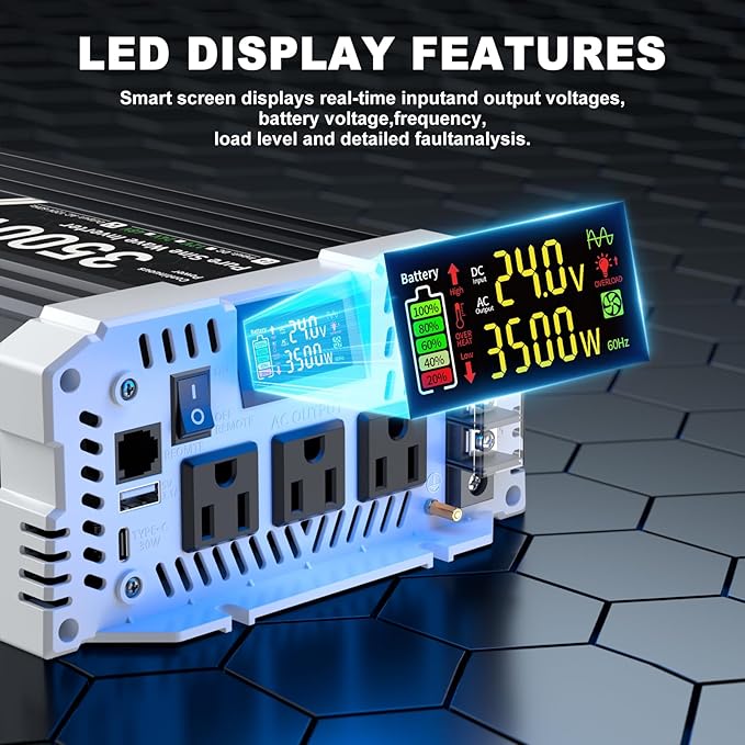 3500 watt Pure sine Wave Inverter, 24V DC to 110V AC Power Inverter, with 3 AC Output sockets, USB Port, Type-C Port, Remote Control with LCD Screen, Used for Solar Emergency Power Supply in RV Homes