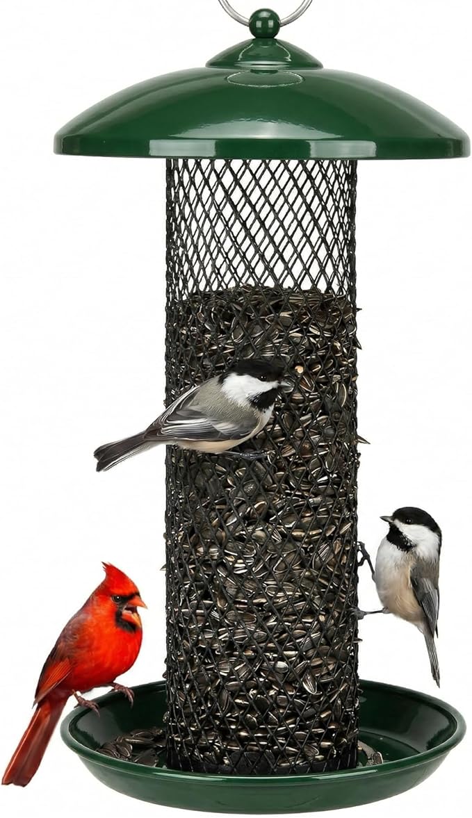 Kingsyard Mesh Tube Bird Feeders for Outdoors Hanging, All Metal, Wild Bird Feeder for Sunflower Seeds or Mealworm, Large Tray & Weatherproof Roof, 2.5 lbs Capacity (Dark Green)