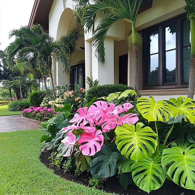 Rare Monstera Seeds Deliciosa, Pink and Green Tropical Leaves, Garden Landscaping