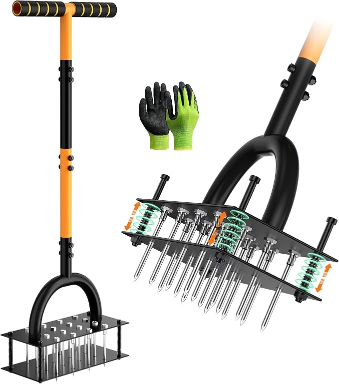 Grenebo Lawn Aerator Manual Aerator Lawn Tool with 16 Spikes, Metal Grass Aerator for Yard, Lawn Aeration, Automatic Soil Ejection, Pre-Assembled Lawn Aerator Tool (Black Orange)