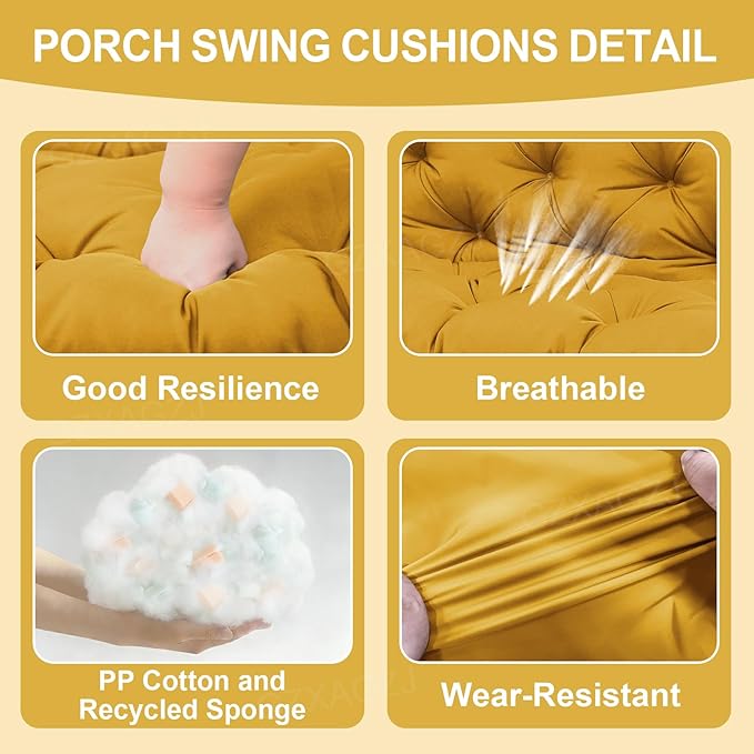 Premium Outdoor Swing Cushions 70x40 inch Waterproof Porch Swing Cushions 2-3 Seater Replacement with Backrest and Ties Swing Cushion for Outdoor Furniture Patio Porch Backyard Garden (Yellow)