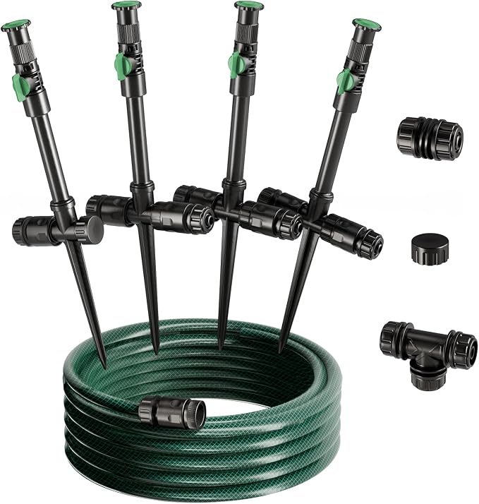 Flexible Sprinkler System, Above Ground DIY Irrigation Kit | Multi-Adjustable Lawn Sprinkler Set, Ideal for Plant and Flower Bed Watering, 50ft Garden Hose Included