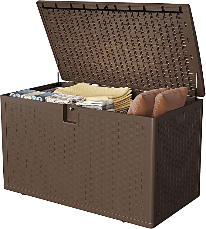 120 Gallon Large Deck Storage Box - Lockable Waterproof Resin Outdoor Chest - Weatherproof Rattan Style, Side Handles, Ideal for Patio Furniture, Garden Tools, Pool Accessories - Brown