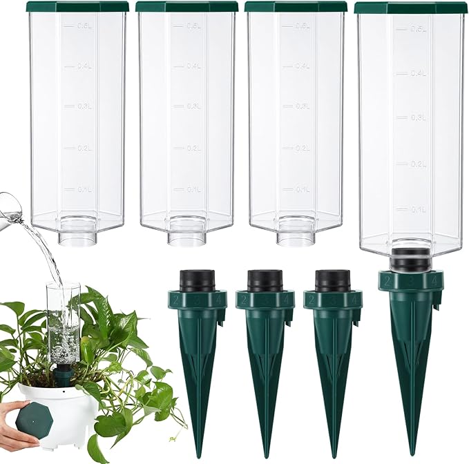 Yungyan 4 Sets Plant Watering Devices with Self Watering Spikes Self-Watering Device for Plants Plastic Plant Waterer Devices with Adjustable Control Valve Switch Indoor Outdoor