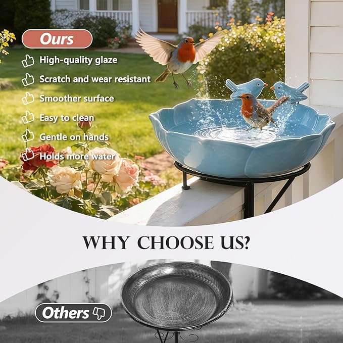 Ceramic Bird Bath for Outdoors, 10.1” Hand-Painted Glazed Ceramic Bird Baths Bowls and Feeders for Outside, UV/Frost-Resistant Finish Ground Garden Table Top Bird Baths Decor for Patio Yard Home Green