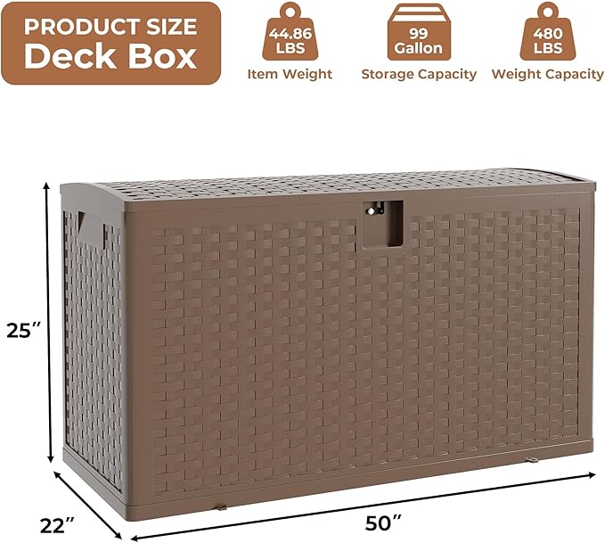 99Gallon Brown Resin Deck Box, Outdoor Storage Box Waterproof Lockable, Patio Deck Box For Package Parcels, Outside Storage Box Container for Furniture Cushions, Garden Tools, Pool Accessories