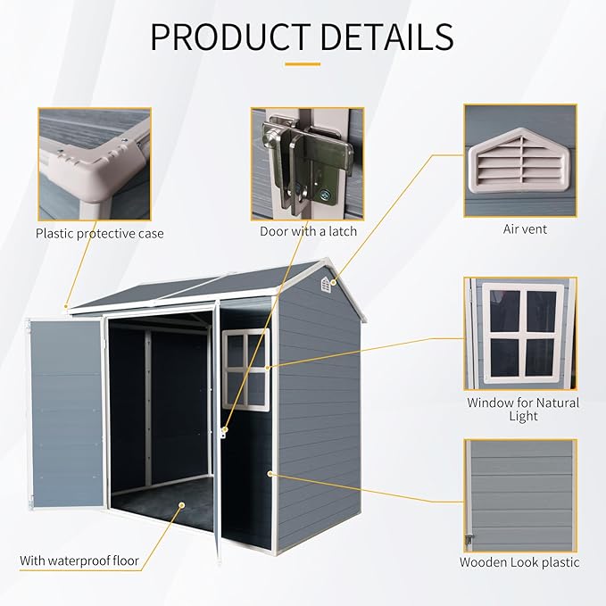 YOPTO 8x4 FT Outdoor Storage Shed,Garden Shed with Floor & 2 Windows,All Weather Waterproof Tool House W/Air Vent,Sloped Roof & Lockable Double Door,for Patio,Yard,Lawn,Grey