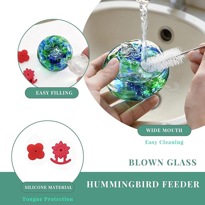 QFkris Blown Glass Hummingbird Feeder with Suction Cups for Window, Small Hummingbird Feeder with Flower Feeding Ports for Outside Garden Backyard Decor, Gifts for Women Mom(Green)