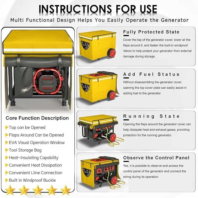 Generator Covers While Running, Generator Covers Heavy-Duty Waterproof, 32X24X24 inches, Top Can Be Opened for Refueling, for 3000W-10000W Frame Type Generators, Yellow