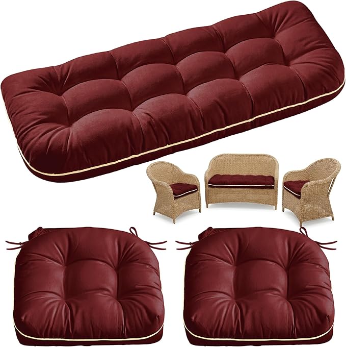 1 MIDDLE ONE Wicker Chair Cushions 3 Pieces Set for Outdoor Furniture, Replacement Patio Wicker Furniture Cushions, 1Pc Loveseat Cushion & 2Pcs Chair Cushions (Burgundy)