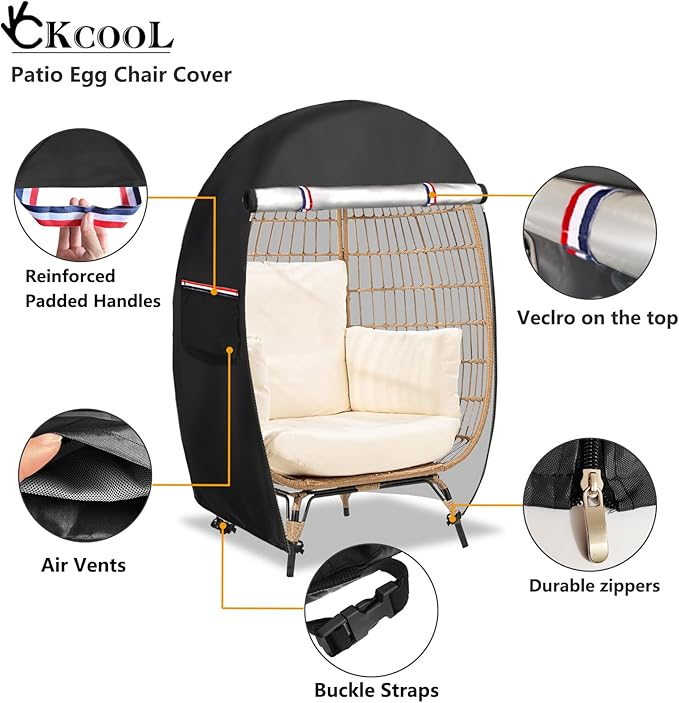 okcool Outdoor Egg Chair Cover,Waterproof Egg Chair Cover with Zipper for Wicker Patio Basket Chair(Black,Fits 43" L *25" W*55.1" H Egg Chair)