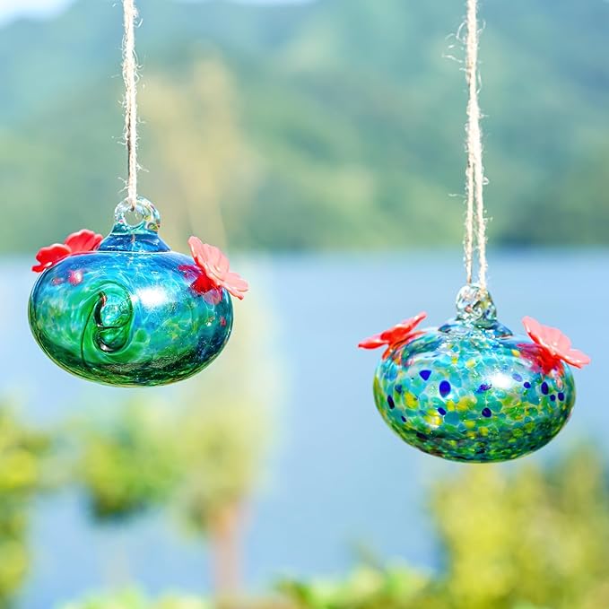 2pcs Small Glass Hummingbird Feeders for Outdoors Humming Bird Feeder with 2 Flower Feeding Ports for Window Garden Patio Decor Blown Glass Hummingbird Feeder for Outside Never Leak