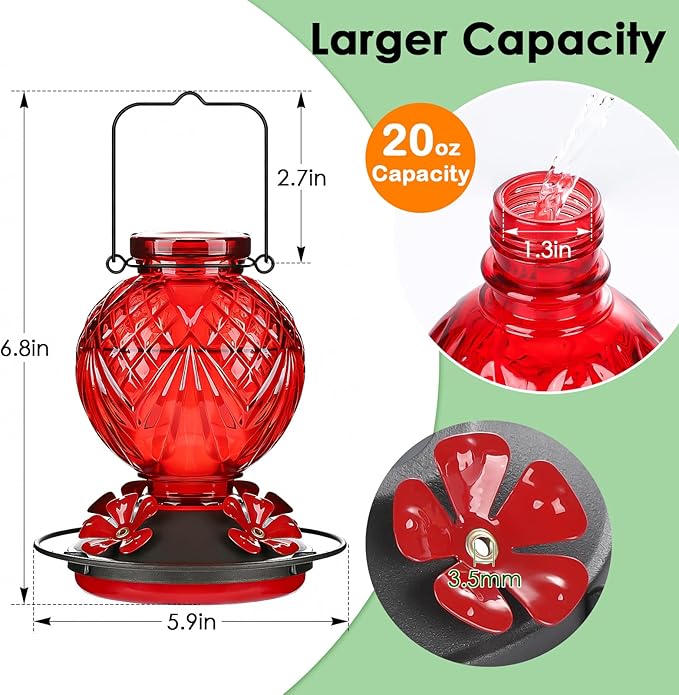 Glass Hummingbird Feeder for Outdoors Hanging, 20oz Bird Nectar Feeder with 4 Bee Guard Flower-Shaped Feeding Ports & Built-in Ant Moat, Easy to Clean, for Bird Lover,2 Pack,Red