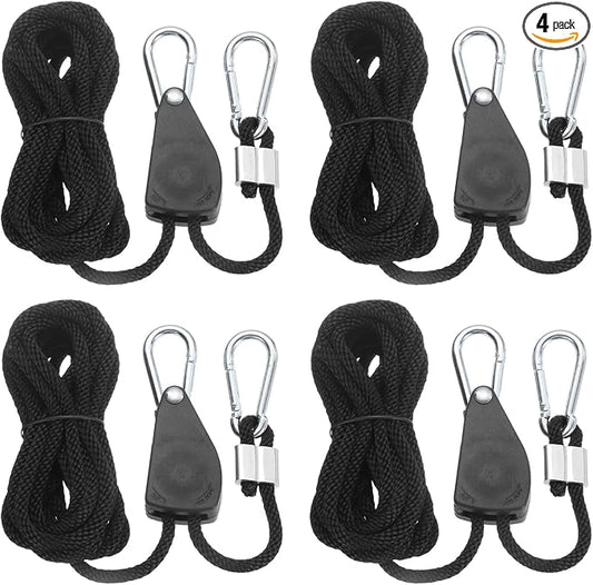 uxcell 4 Pairs 1/4" Adjustable Rope Hanger, 13.12ft(4 Meter) Heavy Duty Ratchet Tie Down Strap with Rope Clip Hanger for Hanging Plants, Grow Light and Various Tie-Down Uses, Black