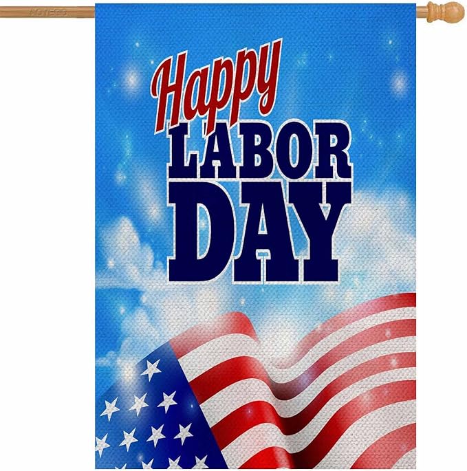 AOYEGO Happy Labor Day House Flags 28 x 40 Double Sided Burlap American Flag and Sky Background Yard Flags Spring Summer Farmhouse Seasonal Outdoor Flag