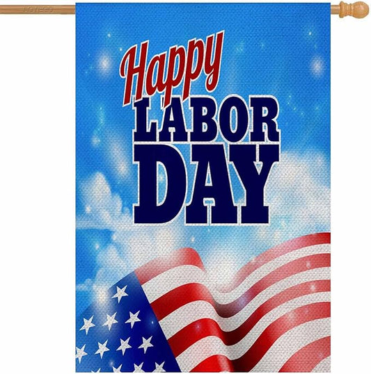 AOYEGO Happy Labor Day House Flags 28 x 40 Double Sided Burlap American Flag and Sky Background Yard Flags Spring Summer Farmhouse Seasonal Outdoor Flag
