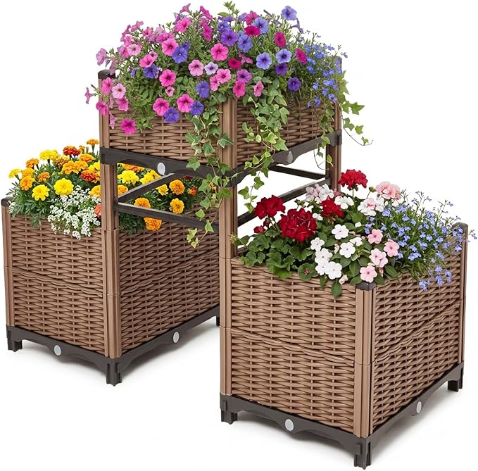 3PCS Raised Garden Beds Outdoor with Legs Planter Box, 47x16x21in Reinforced Support Rods, Drainage Grid, Multi-Combination Options for Vegetables, Flowers, Herbs, Ideal for Balcony, Patio Gardening