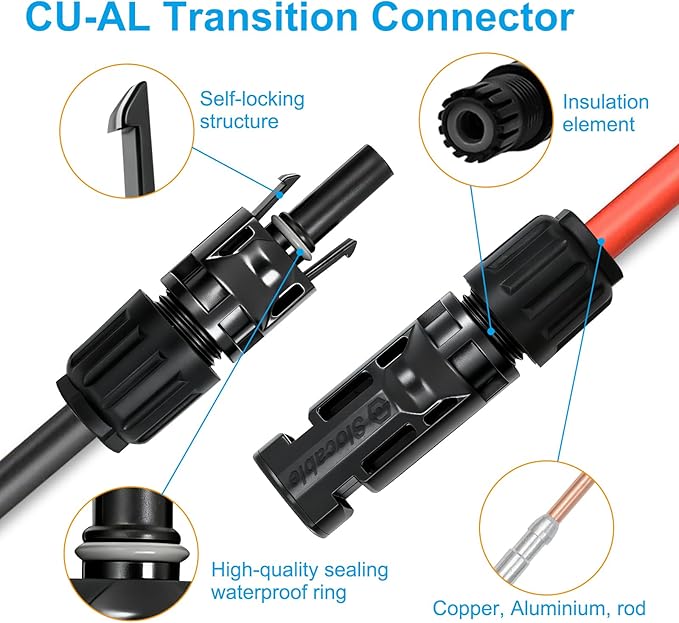 8AWG Solar Copper Aluminum Transition Connectors, IP67 Waterproof 1500V 40A, Male and Female Plug for Solar Cable (CU-AL, 5pairs)