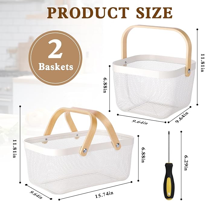 Dualshine 2 Pack Garden Harvest Basket, Metal Mesh Wire Picnic Basket with Handle, Rectangle Garden Baskets for Gathering Vegetables, Fruits, Kitchen, Home Cabinet Closet and Office (White)