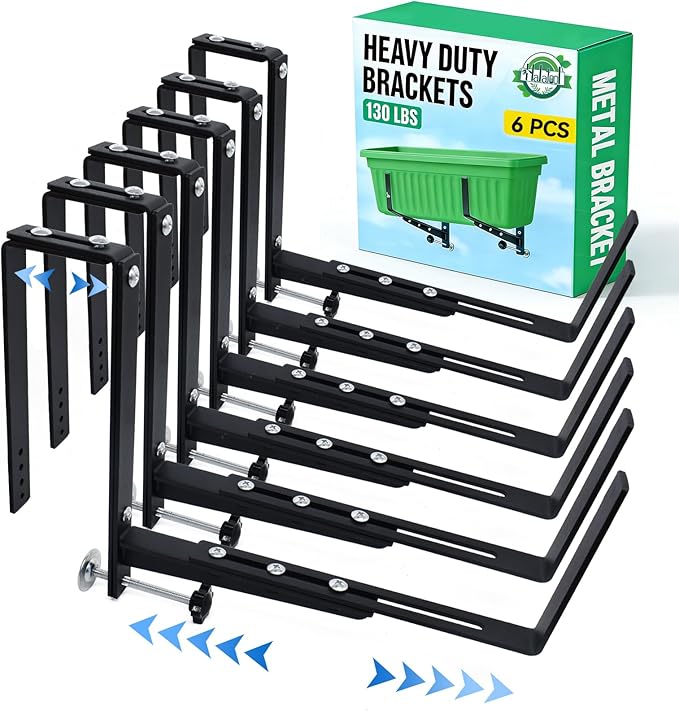 Halatool Window Box Brackets, 6 Pack Adjustable Flower Planter Box Brackets, Heavy Duty No Drill Window Box Brackets with 75 lb Capacity for Outdoor Railings, Balcony, Porch, Fence, and Garden