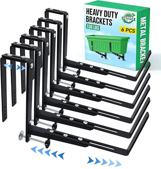 Halatool Window Box Brackets, 6 Pack Adjustable Flower Planter Box Brackets, Heavy Duty No Drill Window Box Brackets with 75 lb Capacity for Outdoor Railings, Balcony, Porch, Fence, and Garden
