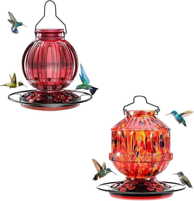 Glass Hummingbird Feeders for Outdoors, Wild Bird Nectar Feeder with Perch & 5 Flower Feeding Ports Leak Proof Hanging for Garden Backyard Decor, Gifts for Women Mom,