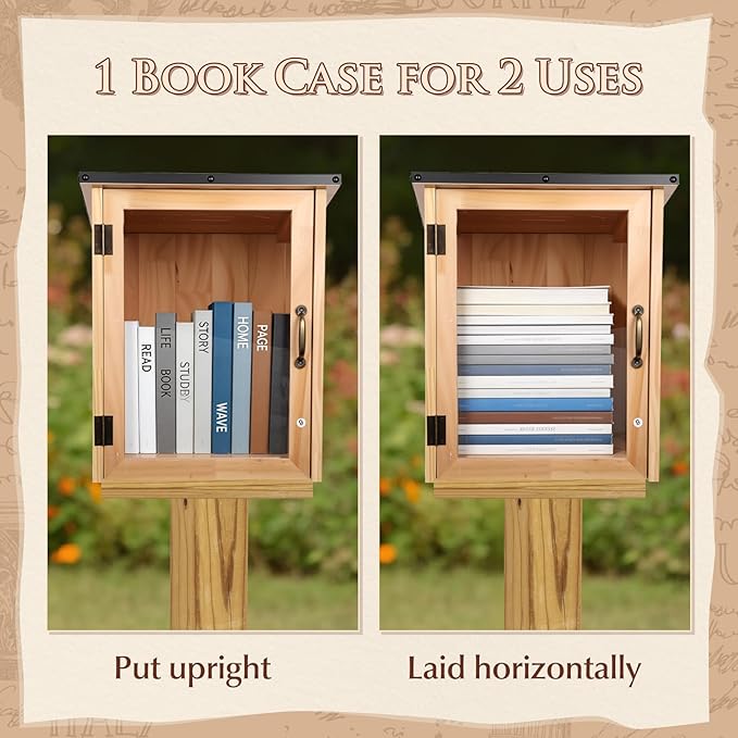 FAHKNS Little Library Box Outdoor, Waterproof Outdoor Library Book Box, Little Wood Cabinet for Sharing Books, Art Literature and Newspapers with Neighborhoods, Community and Schools