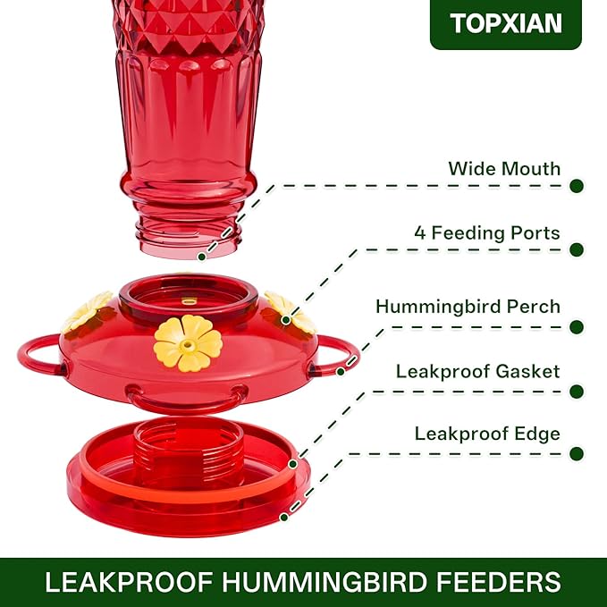 Plastic Hummingbird Feeders for Outdoors Hanging, 2 Pack 14OZ Ant & Bee Proof Humming Bird Feeder, 4 Feeding Ports Leak Proof Hummingbird Feeder for Outside Garden Decor, Gifts for Women Mom, Red