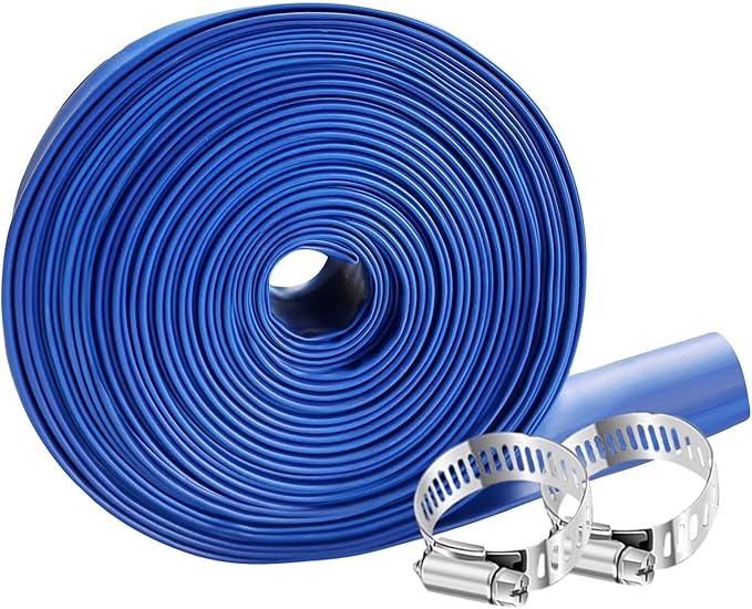 YASHINE PVC HOSE 2"*50ft, Pool Backwash Hose, Heavy Duty Reinforced Blue PVC Lay Flat Water, For Swimming Drain Pools and Clean Filters, with 2 Clamp