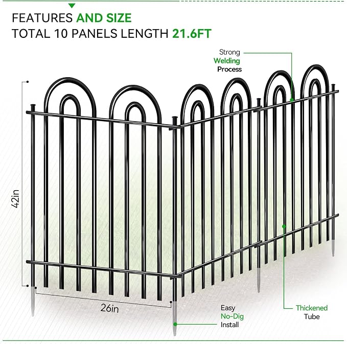 10 Panels Garden Fence, 42in(H)×21.6ft(L) Tall No Dig Fence Animal Barrier, Heavy Duty Metal Tube Decorative Garden Edging Border, Ground Defense Temporary Fencing for Outdoor Yard, Black