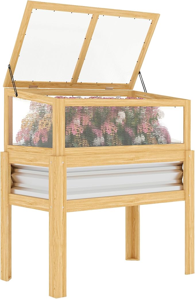 Outsunny Wooden Raised Garden Bed with Flip-Up Greenhouse Top, Raised Garden Bed with Legs and Bed Liner, Elevated Planter Box for Flowers, Vegetables, Herbs, Natural
