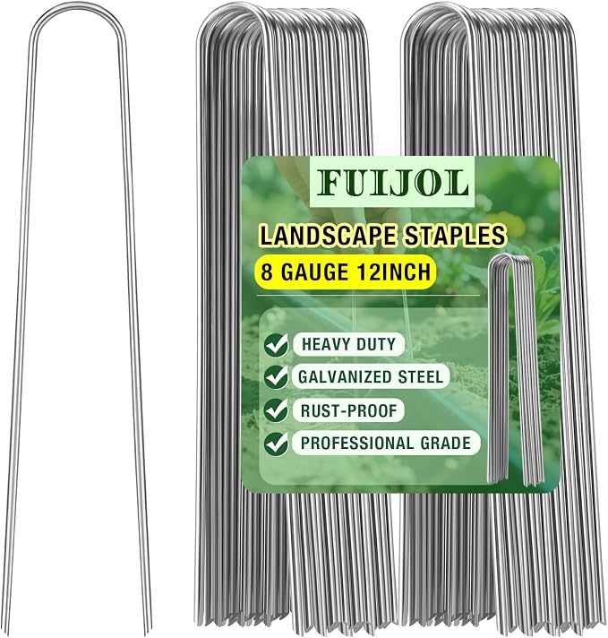8 Gauge Landscape Staples, FUIJOL 12 Inch 15 25 50 100 Pack Heavy Duty U-Shaped Landscape Stakes, Galvanized Garden Staples for Weed Barrier Stakes, Ground Cover, Irrigation Tubing, Fence (25,12 Inch)